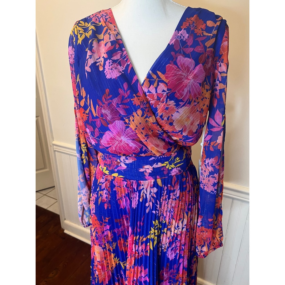 Sienna Blue Floral Pleated Maxi Dress‎ Long Sleeve V-Neck Shimmer NWT chiffon 6